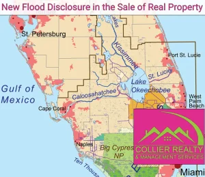 A map of southern Florida highlighting areas prone to flooding, including regions around cities such as St. Petersburg, Miami, and Naples. The map is titled "New Flood Disclosure in the Sale of Real Property." A logo for Collier Realty and Management Services is in the bottom right corner.