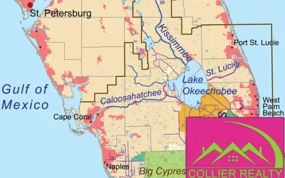 A map of southern Florida highlighting areas prone to flooding, including regions around cities such as St. Petersburg, Miami, and Naples. The map is titled "New Flood Disclosure in the Sale of Real Property." A logo for Collier Realty and Management Services is in the bottom right corner.