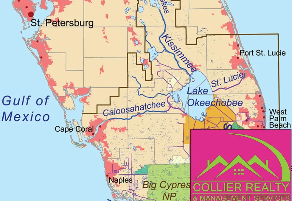 A map of southern Florida highlighting areas prone to flooding, including regions around cities such as St. Petersburg, Miami, and Naples. The map is titled "New Flood Disclosure in the Sale of Real Property." A logo for Collier Realty and Management Services is in the bottom right corner.